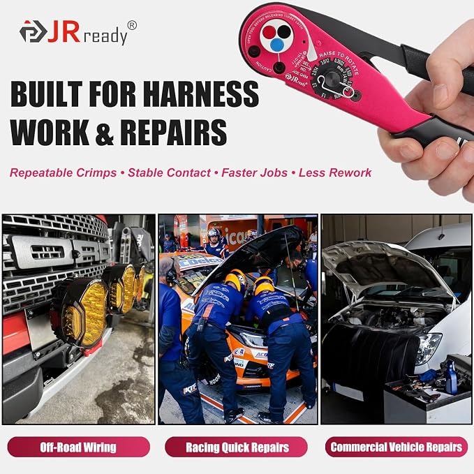 JRready ACT-DT1 Deutsch Crimp Tool Turret-Style (HDT-48-00 Equivalent) for DT/DTM/DTP Connectors Size 12/16/20 Solid Contacts (12-22AWG), 4-Indent 8-Impression Ratcheting Crimper
