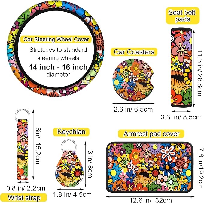 15 Pcs Full Car Seat Covers Set Car Accessories Seat Covers Steering Wheel Cover Belt Pads Armrest Pad Cup Holders Keychains for Most Truck SUV(Flower)