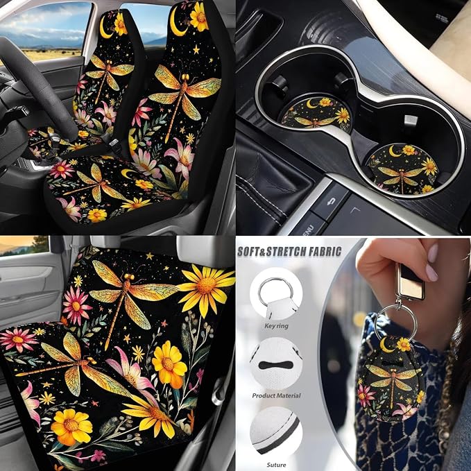 17 Pack Dragonfly Car Accessories Full Set,Star Moon Dragonfly Car Seat Covers Set with Car Mats Full Set Seat Belt Cover Pad Steering Wheel Cover Cup Coaster Sets Universal Auto Interior