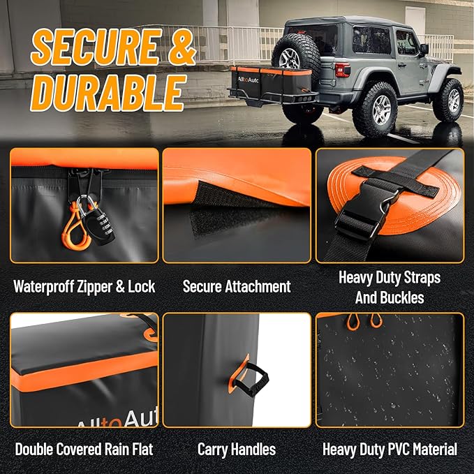 30 CuFt Waterproof Cargo Bag for Hitch Carrier | 60"x24"x36" Trailer Hitch Cargo Carrier | Weatherproof Truck Bed Storage with Straps, Lock & Carry Case | PVC Vehicle Soft-Shell Carriers
