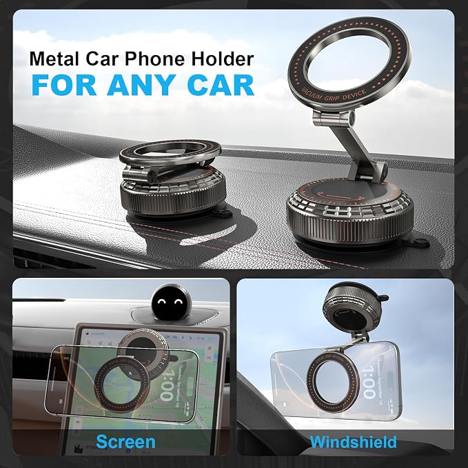 Metal Magnetic Car Phone Holder, 360° Adjustable Magsafe Car Phone Mount, Vacuum Suction Cup Phone Holders for Your Car for iPhone 17-12 Pro Max Air Plus & Android (Dark Gray)