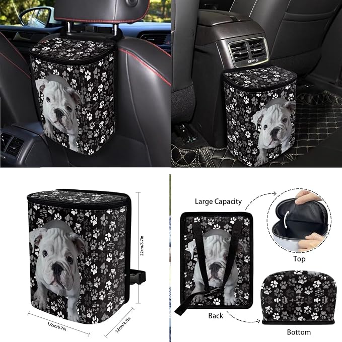Bulldog Dog Paw Print Car Accessories Sets 10 Pack Car Seat Covers Car Trash Can Steering Wheel Cover Auto Air Vent Storage Bag Coasters Keychain Universal Fit for SUV Van Truck