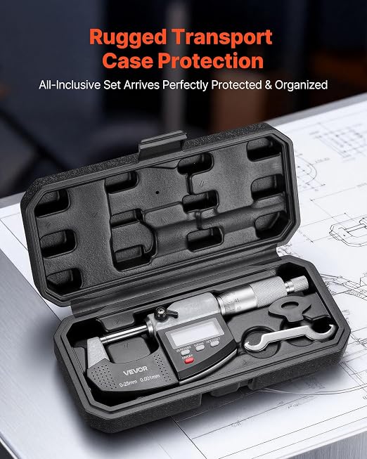 VEVOR Micrometer Set, Digital Outside Micrometer 0-1 inch Measuring Range, 0.00005" Resolution, Ultra-Precision 0.0001 Accuracy, LCD Screen, in/mm Switch, Carbide Tip, with Protective Case