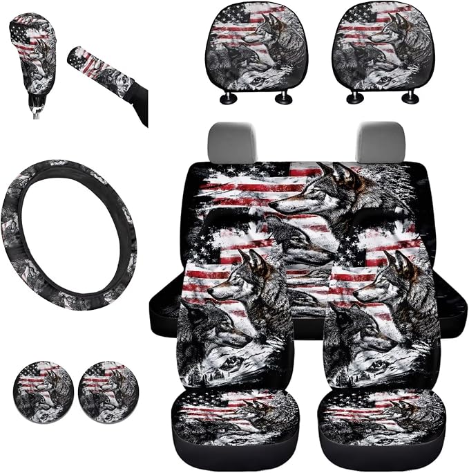 KEIAHUAN American Flag Wolf Car Seat Cover Full Set Includes Front and Back Seats Protectors Covers Handbrake and Gear Shift Cover Cup Holder Car Headrest Covers Steering Wheel Cover
