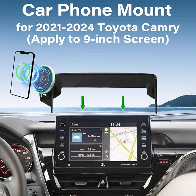 Car Phone Holder for Toyota Camry 2021 2022 2023 2024 Accessories Apply to 9 Inch Touch Screen 15W Fast Wireless Charger Screen Fixed Clip Cell Phone Mount Hands-Free 360 Degree Rotation