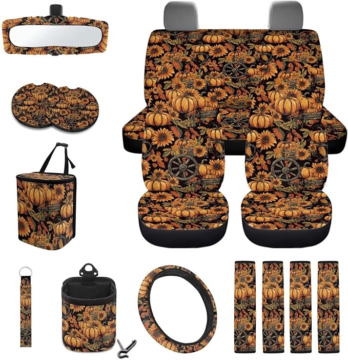 Pumpkin Sunflower Print Car Seat Covers Full Set Thanksgiving Decor Steering Wheel Cover Car Trash Can Keychain Seat Belt Pad Cup Coaster, Set of 15 for Autumn