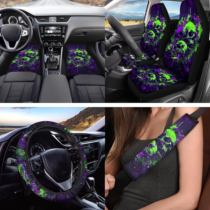 Halloween Ink Skull Car Interior Accessories Set of 18, Car Seat Covers Full Set with Auto Steering Wheel Cover Floor Mats Seat Belt Pads Armrest Pad Handle Wraps Keychains Cup Coasters