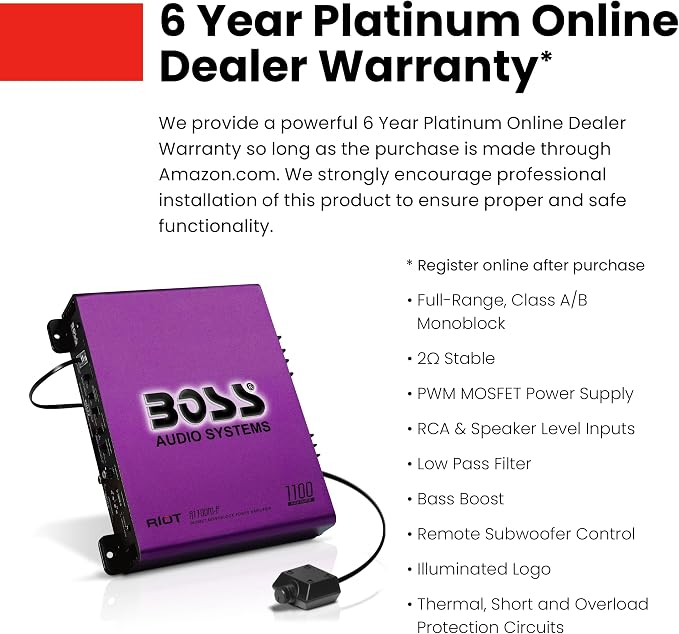Boss Audio Systems R1100M-P Monoblock Car Amplifier - 1100 High Output, 2-8 Ohm Stable, Low/High Level Inputs, Low Pass Crossover, MOSFET Power Supply