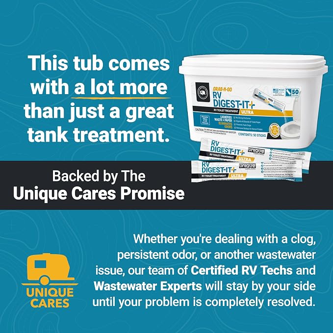 Unique RV Digest-It Ultra Stick Pack, 50 Count, Extra-Strength RV Toilet Treatment, No-Mess, Premeasured Powder, Grab-n-Go Black Tank Treatment, Controls Odor and Prevents Clogs, Bulk Tub