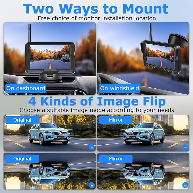 Wireless Backup Camera for Car【6 LED】 5'' AHD 1080P Back up Camera for Cars with Monitor Waterproof License Plate Reverse Camera for Truck Trailer RV Pickup DIY Guide Lines