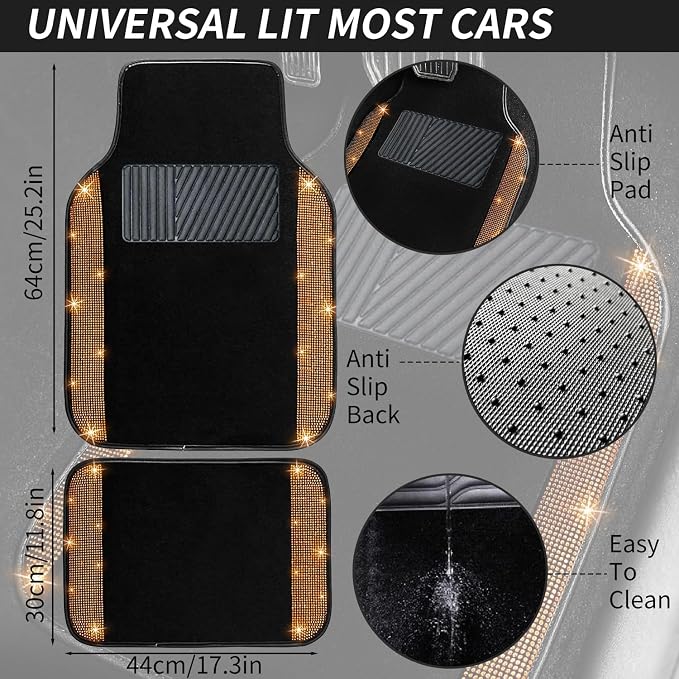 NBTEPEM Bling Car Floor Mats Full Set and Steering Wheel Cover, Universal Fit Most Cars, 4 pcs Sparkle Glitter Diamond Carpet, 5 pcs Bling Car Accessories Set for Women (Orange Diamond)