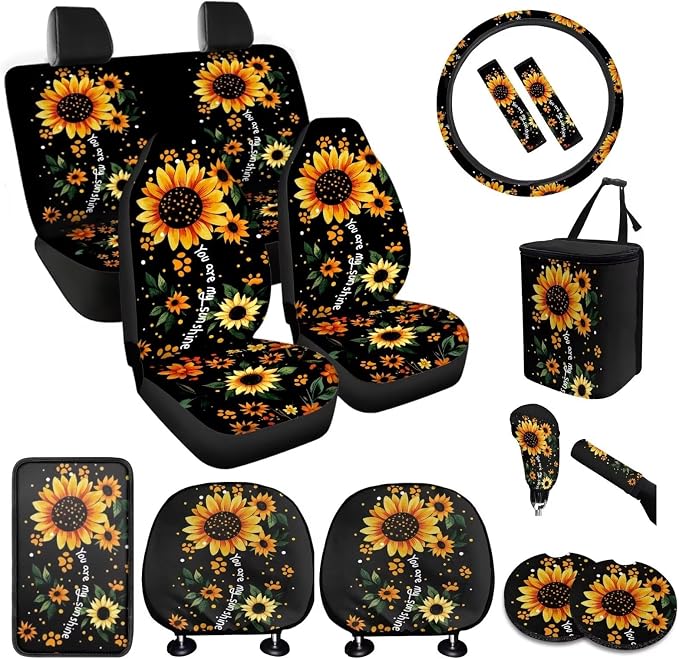 BIGCARJOB Sunflower Car Seat Accessories Full Set 15 Pack Cute Dog Paw Seat Cover for Cars Front and Rear Handbrake Cover,Headrest Pillow Cover,Seat Belt Pads,Universal Fit