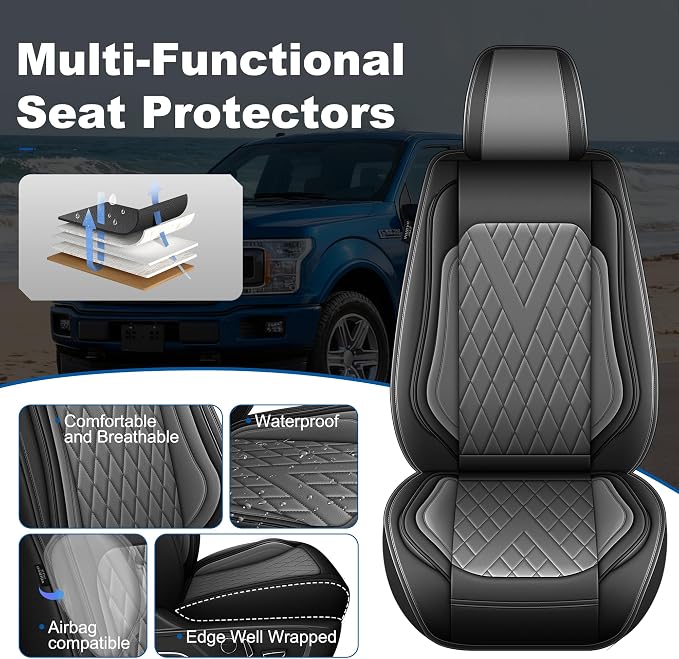 Seat Covers Fit 2009-2026 Ford F150 & 2017-2026 F250/F350/F450 | Super Duty Waterproof Truck Leather Seat Covers Protectors Scratch-Resistant (Black & Gray)