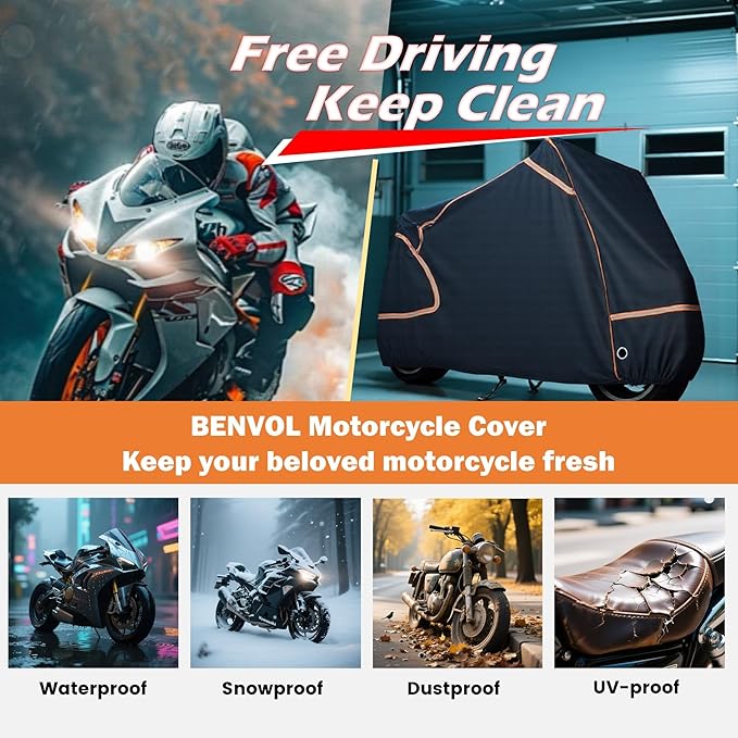 BENVOL 420D Heavy Duty Motorcycle Cover Waterproof Outdoor, 5000mm Rainproof Material Motorbike Cover with 2 Windproof Buckles, Lock Holes & Wide Reflective Strips, Anti-UV Sun Dust Protection