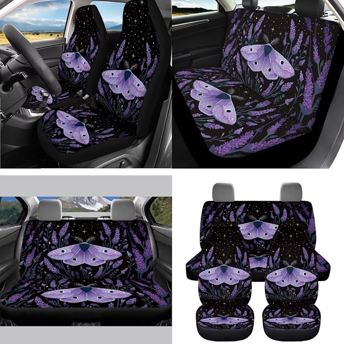 Purple Vintage Moth Car Seat Covers Full Set 15 Pcs Universal Car Accessories Steering Wheel Cover Seat Belt Pads Garbage Bag Car Headrest Pillow Covers Armrest Pad