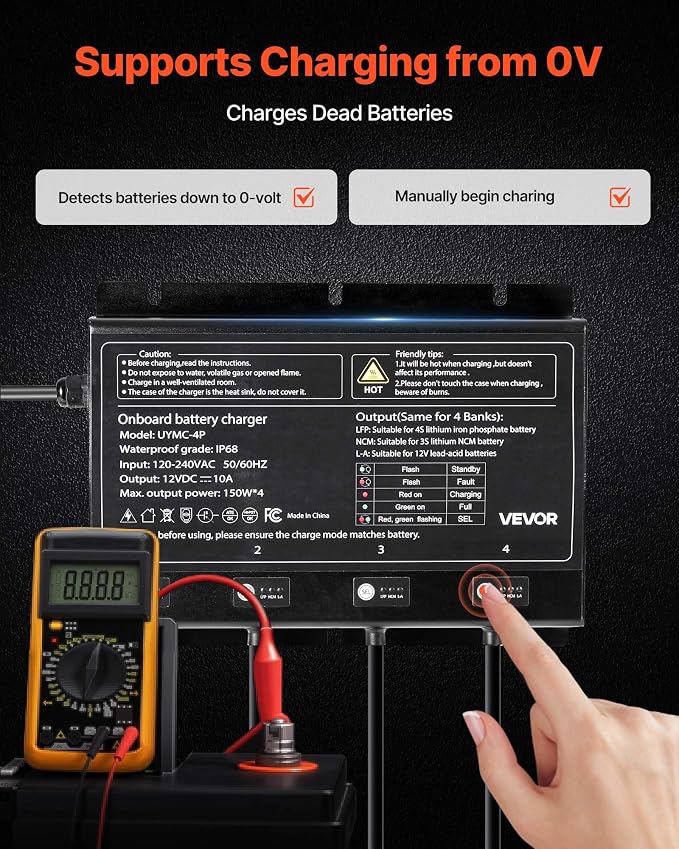 VEVOR Marine Battery Charger, 4-Bank, 10A x 4, 12V Onboard Battery Charger, IP68 Waterproof Smart Boat Charger, for Lithium-Ion (LiFePO4), NCM, Lead-Acid Batteries, Large Boat, Yacht, RV, Trailer
