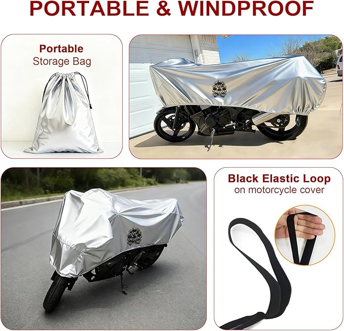 Dream Apparel Motorcycle Half Cover, Waterproof Motorcycle Cover for Outdoor, Rain Snow Dust Protection Universal Fit Heavy Duty Motorbike Vehicle Cover with Storage Bag, Silver with Skull L