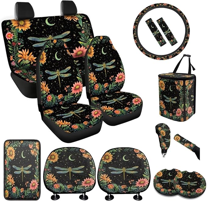 BIGCARJOB Blossom Floral Car Seat Cover Set - 15 Pcs Auto Interior Accessories - Vintage Lotus Steering Wheel Cover, Handbrake, Headrest Pillow, Seat Belt Pads