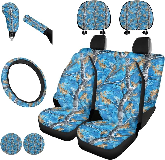 KEIAHUAN Blue Camo Hunting Car Seat Cover Full Set 11 Piece with Steering Wheel Cover/Headrest Cover/Gear Shift Cover/Handbrake Cover/Cup Coasters Universal Fit for Minivan,SUV,Sedan,Truck