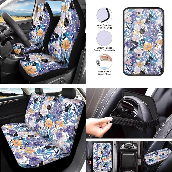 Watercolor Flower Leaf Car Seat Covers Set of 13, Countryside Flowers Field Steering Wheel Cover, Abstract Botanical Easy to Install Car Seat Cover Set