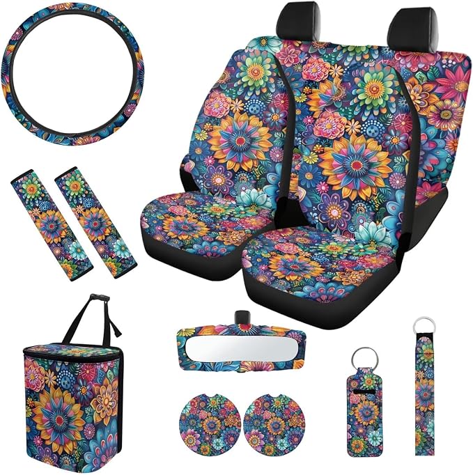 Hippie Flowers 12 Pack Car Seat Covers Sets Steering Wheel Accessories Car Seat Belt Cover Rear View Mirror Cover Trash Bin Car Coasters Wristlet Keychain Chapstick Holder