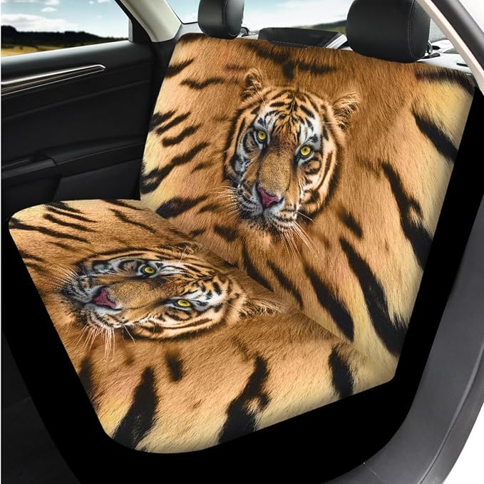 Bulopur Tiger Print Automotive Seat Covers Full Set with Car 15 Inch Steering Wheel Cover Elastic Armrest Cushion Pad Vehicle Seat Belt Cushion Pad Keychain Auto Interior Accessories Set 14 Piece