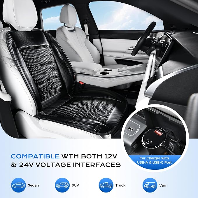 Coverado Cooling Car Seat Cover, 12V-24V Ventilated Driver Seat Cushion with 2 Turbo Fans & Wireless Control, Carbon Fiber Fabric Cooled Seat Cover for Car, Universal Fit for Sedans SUV Trucks, Black