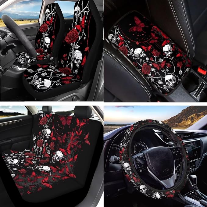 Skull Rose Printed Car Seat Cover Full Set with Steering Wheel Covers Butterfly Auto Seat Belt Pads Car Armrest Pad Car Rear View Mirror Protector Universal Fits, Black and Red