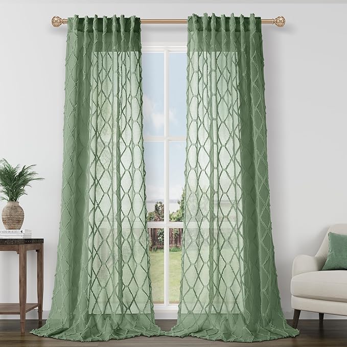 Hokibero Olive Green Sheer Curtains 84 Inch Length for Living Room 2 Panels Set Back Tab Drapes Sheer Textured Light Filtering Olive Dark Green Curtain for Bedroom Rustic Boho Farmhouse Decor 52x84