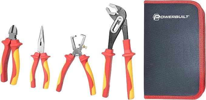 Powerbuilt 4-Piece VDE Pliers Set, Adjustable, Long Nose, Snip Pliers, High-Voltage Electrical and Hybrid Vehicles, Home Repair, Certified High-Quality - 642939