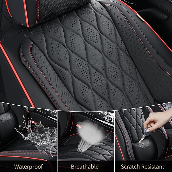 FLORICH Car Seat Covers Front Pair Luxury Faux Leather Car Seat Cover Automotive Seat Covers 2 Pack Waterproof Car Seat Cushion Protector Universal Fit for Most Cars Sedans Trucks SUV, Black&Red Line