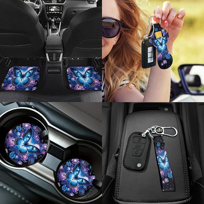 Blue Butterfly Car Seat Covers Full Set of 17 Pcs,Blue Butterfly Car Accessories with Ca Rubber Floor Mats Steering Wheel Cover Armrest Pad Butterflies Automotive Interior Sets,Universal Fit