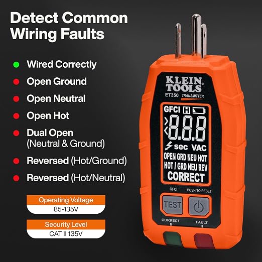 Klein Tools ET350 4-in-1 Digital Circuit Breaker Finder, Outlet Fault Detector, Non-Contact Voltage Tester, GFCI Tester, Learn and Locate Mode, Backlit LCD, LED Work Light