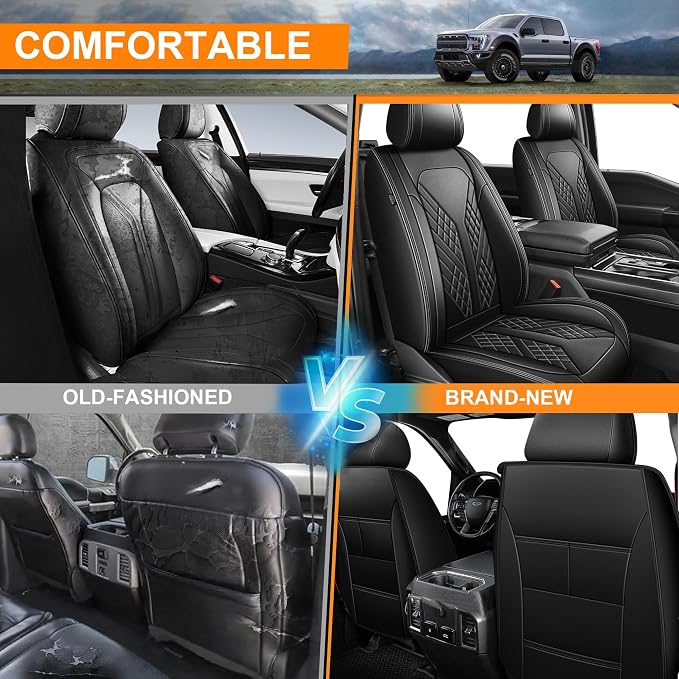 Front Seat Covers for Ford F150 2009-2024 2025 2026 - F250/F350/F450 2017-2024 2025 2026: Custom Faux Leather Truck Seat Covers Car Cushion (2 PCS Front,Black)