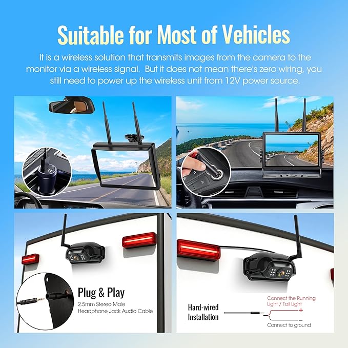 Magnetic Wireless RV Backup Camera System, 7.03" 1080P Touchscreen DVR Rear Camera Compatible with Furrion Pre-Wired Plug, Night Vision Waterproof Camera for Hitching, RV, Trailer, Truck, V03