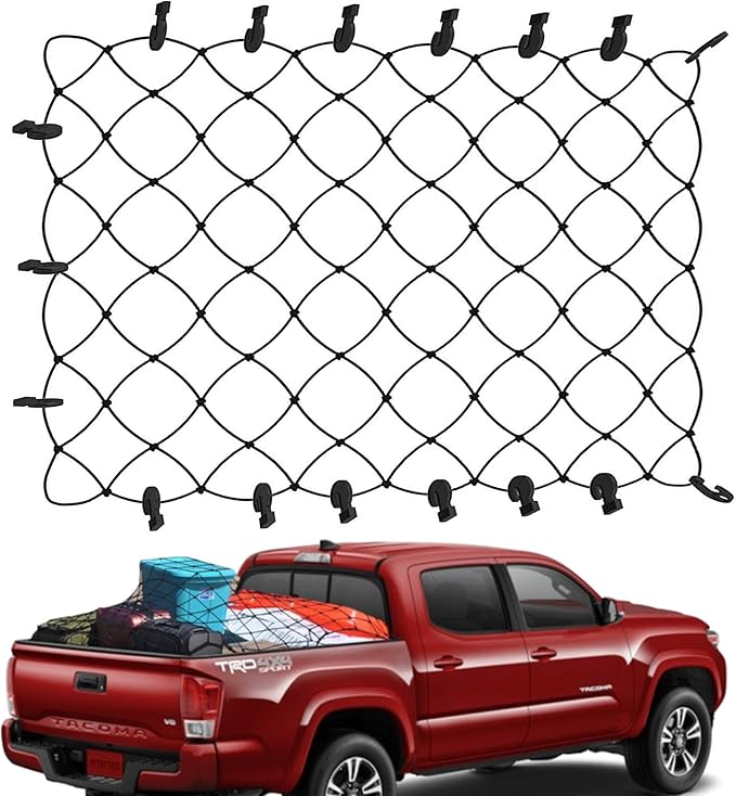 TacoNets Cargo Net for Toyota Tacoma Short Bed - Fits 2005-2025 - Patented Bed Rail Integration - Heavy Duty 8mm Premium Bungee 3'x4' Cargo Netting - Designed in USA