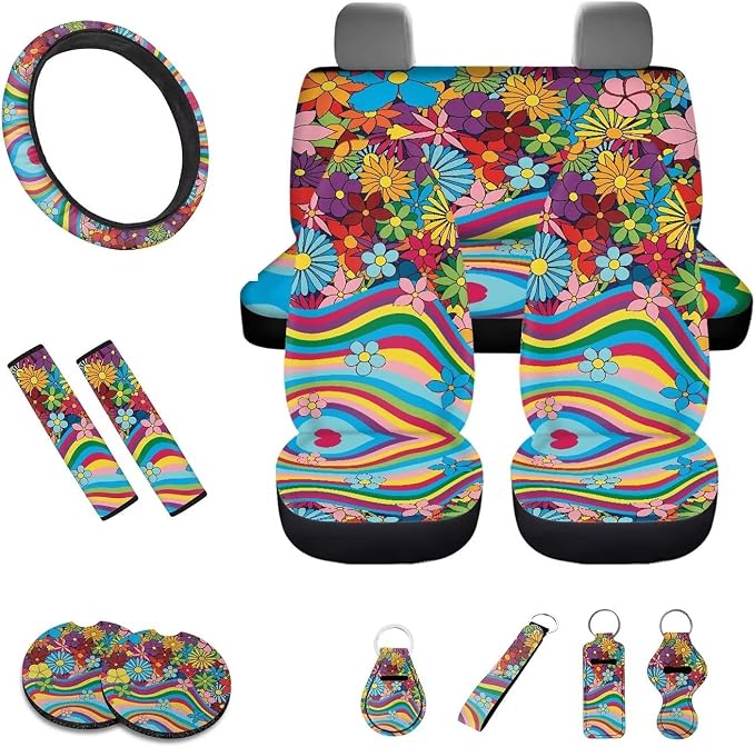 Rainbow Aesthetic Hippie Daisy Wavy Swirl 70s 80s Print Car Seat Covers Full Set for Women Vehicle with Steering Wheel Covers/Seat Belt Pads/Coasters/Keychain/Lipstick Sleeve(13 Pack)