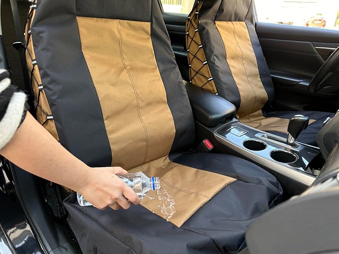 Tan Seat Covers for Cars Trucks SUV, Universal Canvas Tactical Multi-Pockets Organizers Rain Defender, Waterproof Seat Protectors Front Set (Tan Black)