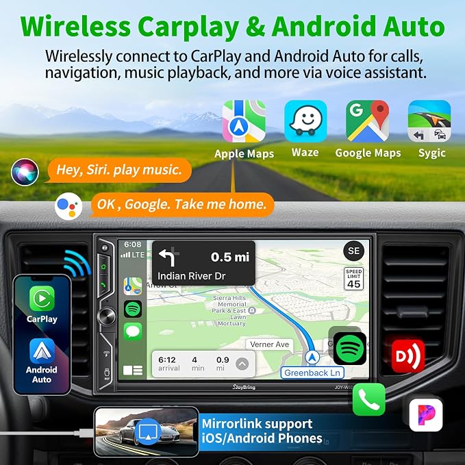 SJoyBring [QLED Screen Upgrade] 7" Double Din Car Stereo with Dash Cam, Wireless Apple CarPlay and Android Auto, Bluetooth, 240W 4.2-Channel Audio Output, MirrorLink, Backup Camera, AM/FM Car Radio