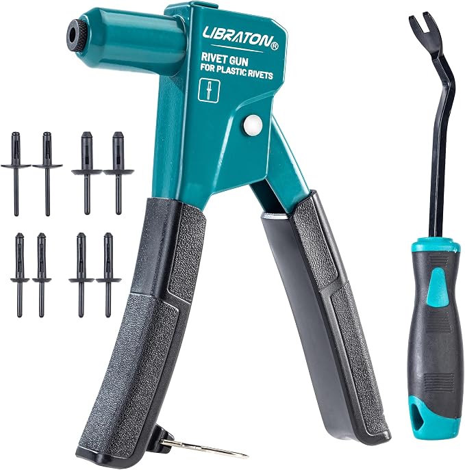 LIBRATON Plastic Rivet Gun Kit with Fastener Remover, 90 Degree Angle Hand Riveter with 40Pcs Nylon Rivets (4 Sizes) & Pry Tool, Universal Nosepiece for Automotive, Ergonomic & 50% Lighter Force