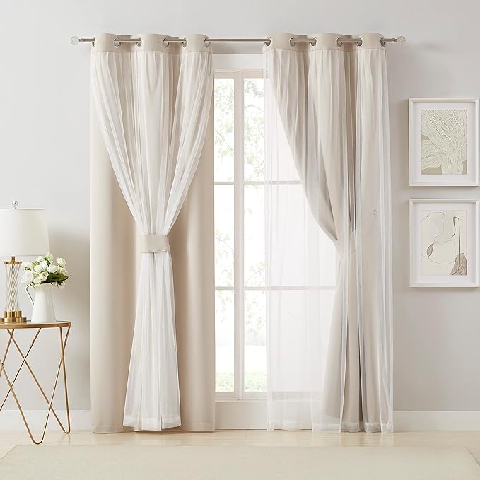 Bujasso Beige 80% Blackout Curtains with Sheer Overlay Mix and Match Double Layer Thermal Insulated Window Panels 63 inch for Living Room Bedroom Beige Drapes with Tiebacks Grommet Top 37" Wx63 Lx2