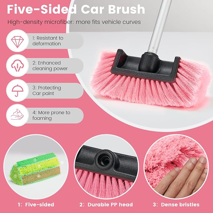 Car Wash Brush with Long Handle, 60'' Soft Bristle Cleaning Brush, Car Cleaning Brushes, Carwash Brushes for SUV, RV, Boat, Truck, House Siding, Sweep Snow,Pink