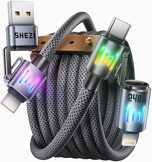 SHEZI 4-in-1 USB C Cable [240W Fast Charging & Data Transfer] Nylon iPhone Charger Cord with Light, Multi Charge Cables Combo with L/Type C/USB A Port for iPhone/iPad/Samsung, 5FT