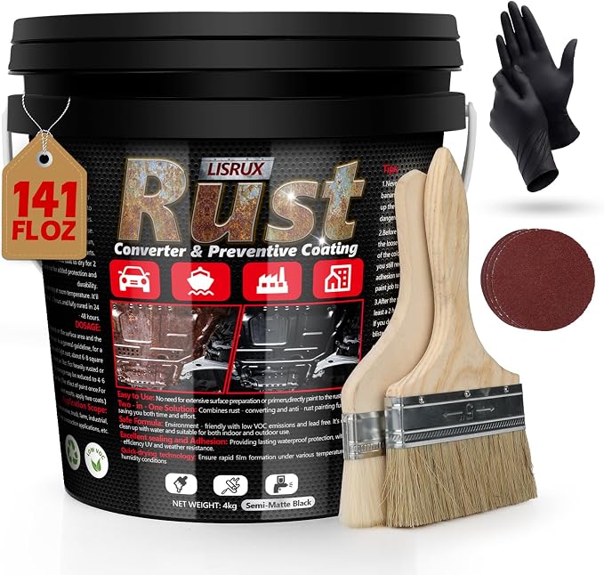 Rust Converter & Metal Primer, 141 Fl Oz Black Rust Inhibitor Paint for Metal, Automotive Rust Reformer, Industrial Grade Water Based, Heat Resistance & UV Resistant
