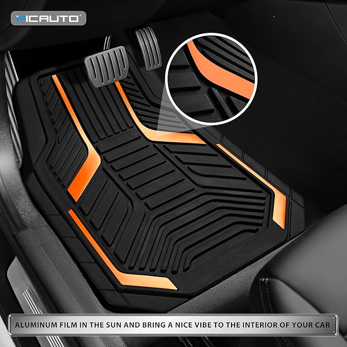 PIC AUTO Heavy Duty Rubber Floor Mats, Orange Aluminum Film Car Mats Set, Front and Rear Car Mats with Anti-Slip Backing, All Weather Protection, Trim-to-Fit for Automotive SUV, Sedan, Van