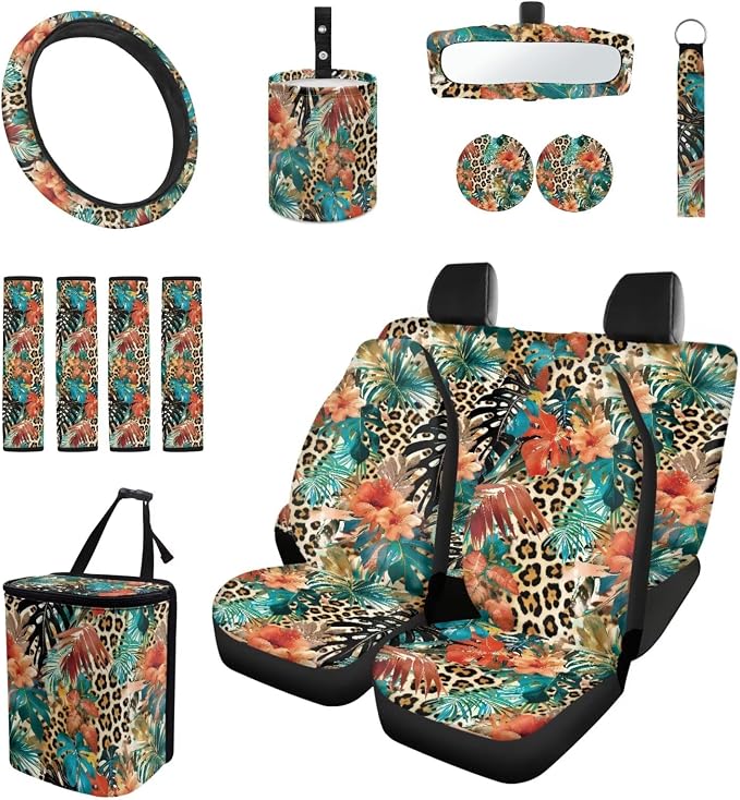 Tropical Floral Auto Interior Accessories Leopard Car Seat Covers with Auto Steering Wheel Cover Seat Belt Covers Car Trash Can View Mirror Cover Coaster Keychains