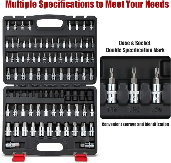 92-Piece Allen and Torx Bit Socket Set, 1/4" 3/8" and 1/2" Drive Tamper Proof Torx/Hex SAE & Metric Bit Set