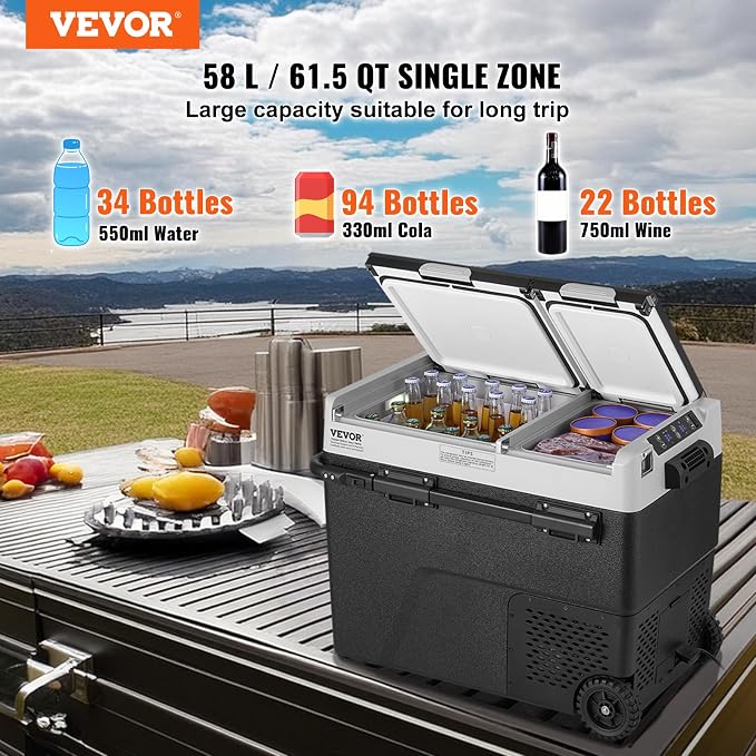VEVOR Car Refrigerator 58L / 61.5 QT, Dual Zone 12 Volt Compressor Fridge, -4℉ to 68℉ Adjustable, Portable Freezer Cooler for Car, RV, Camping, Home