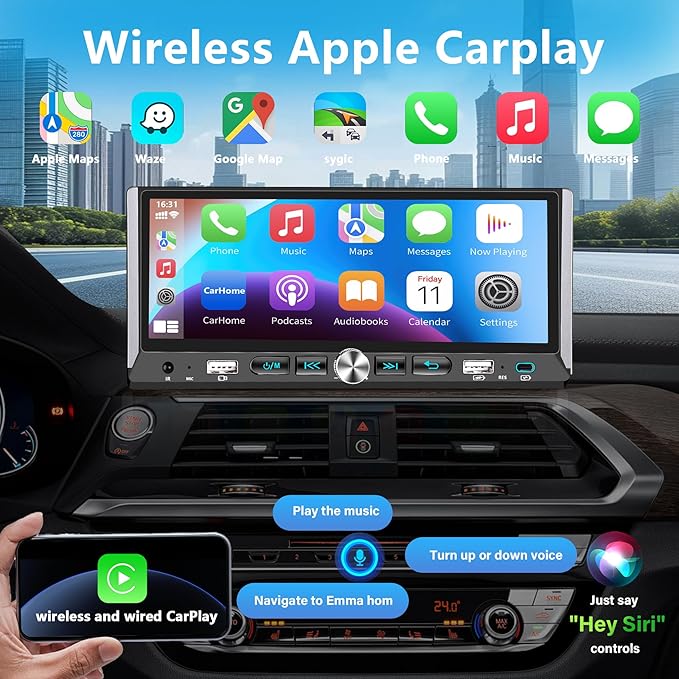 Single Din Car Stereo with Wireless Apple Carplay Android Auto, Car Stereo with 6.9'' Touchscreen Radio,Car Bluetooth Radio,Type-C/Dual USB with Backup Camera,Car MP5