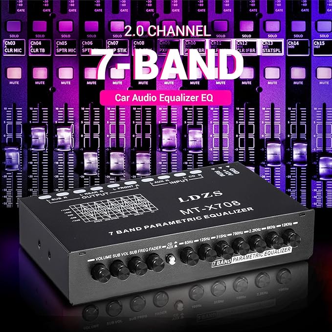 Facmogu 7-Band Car Audio Equalizer, Adjustable 7 Bands EQ Car Amplifier Graphic Equalizer with CD/AUX Input Select Switch, Front/Rear + Sub Output, for Boat RV RTV Motorcycle Car Stereo Tone Control